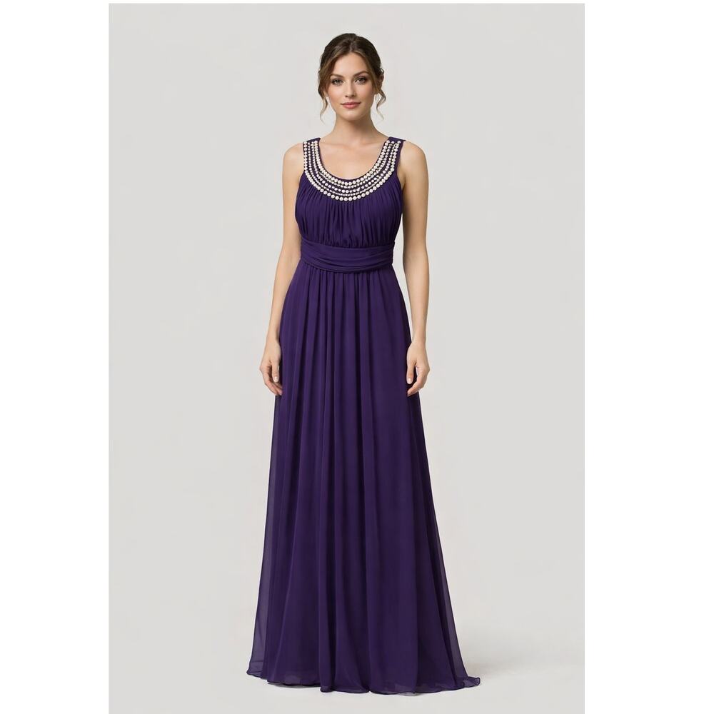 VINTAGE Eureka USA Formal Pearl Beaded Chiffon Prom Gown Ruched Maxi Dress Sz Md